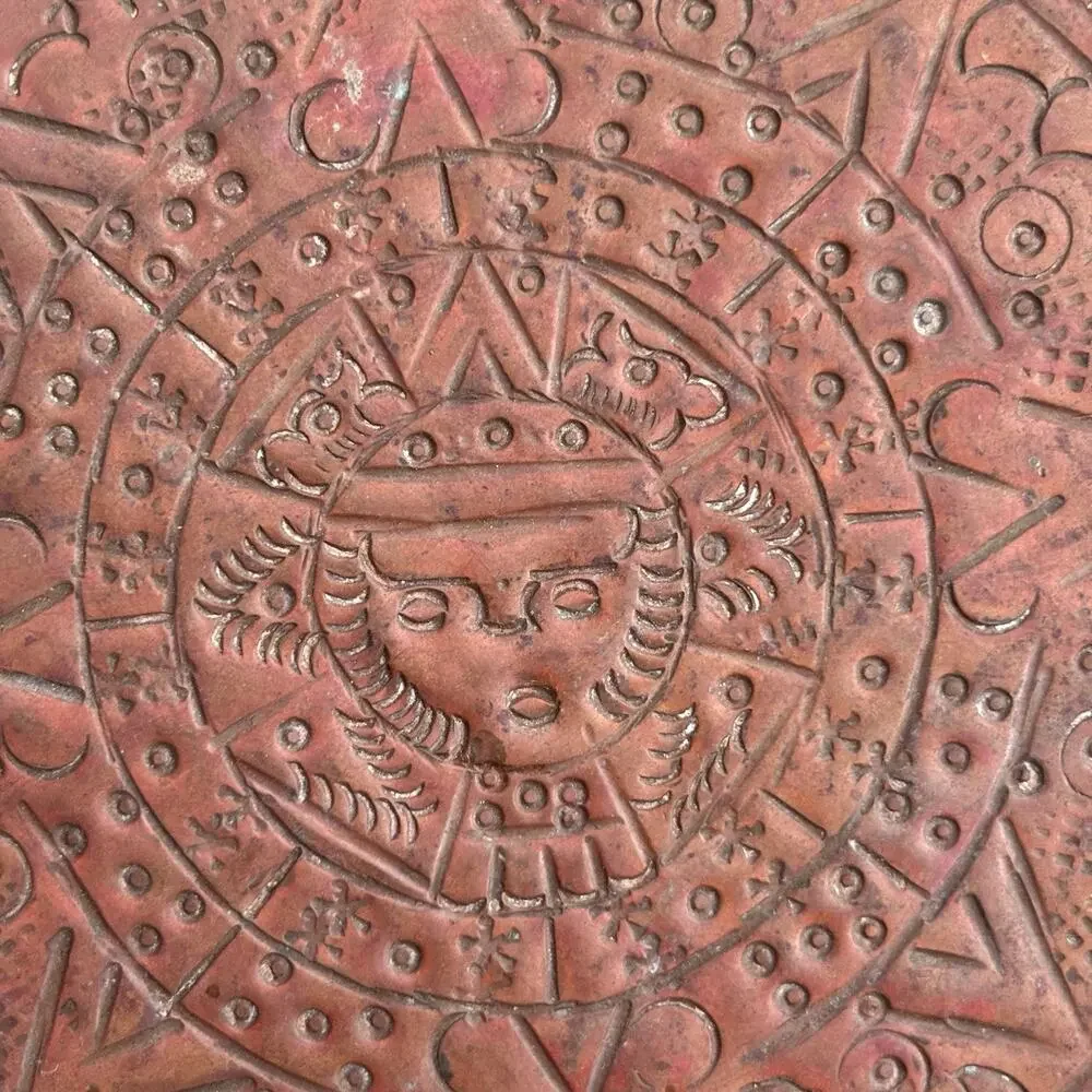 Antique Vintage Solid Copper Decorative Plate Mayan Aztec with Patina Home Decor
